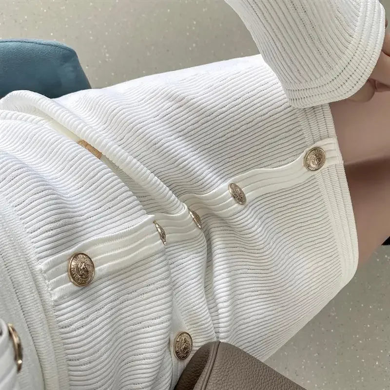 Elegant Long Sleeve Tweed Style Knit Dress Women's Autumn 2023 New V-neck Waist-fitted Slimming Dress Black