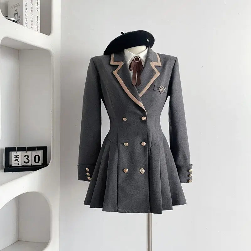 Korean Fashion Woolen Suit Dresses for Women Winter New College Style Sweet Waist up Slim High-end A-line Pleated Mini Dress