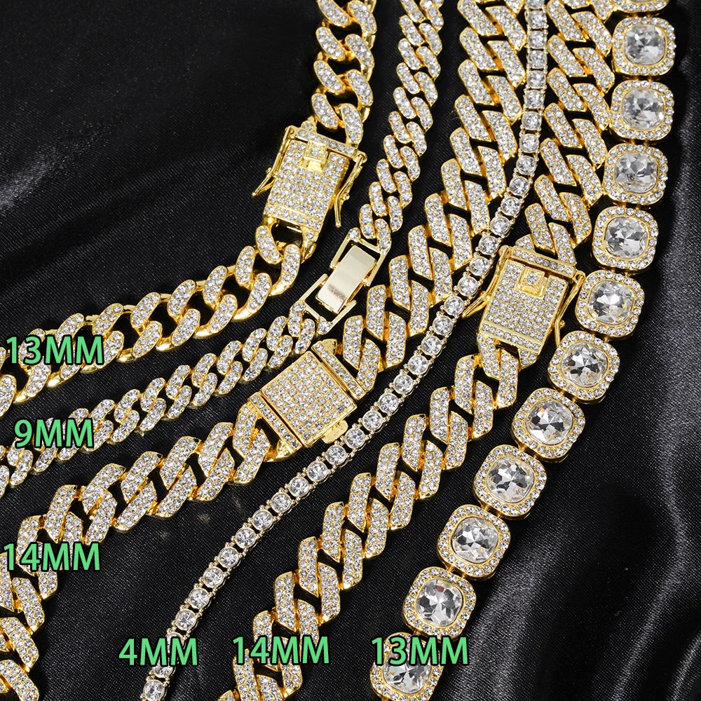 Silver Color Cuban Chain Watch Suit for Men Hip Hop Miami Curb Iced Out Paved Rhinestones Bling Rapper Necklace Watch+Bracelet
