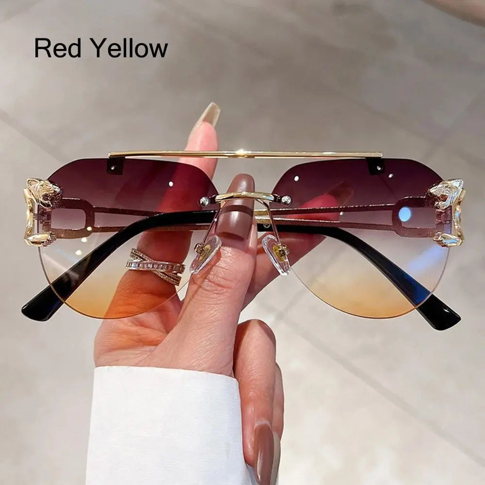 New Rimless Cheetah Decor Sunglasses Gradient UV400 Double Bridge Sun Glasses Shades for Women & Men
