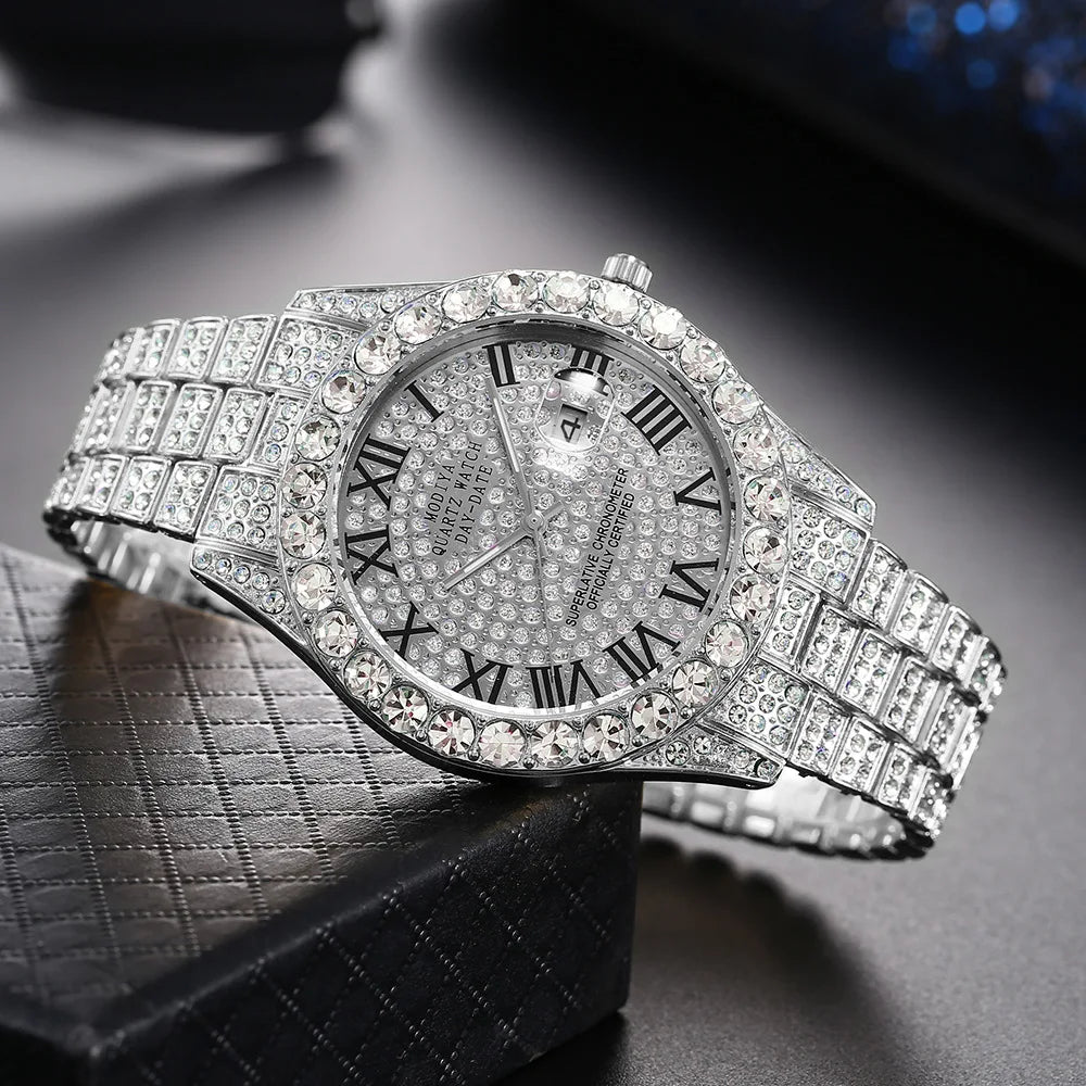 Classic Luxury  Golden Men's Steel Strap Roman Scale Rhinestone Calendar Quartz Watch Fashion Male Wristwatch Relogio Masculino