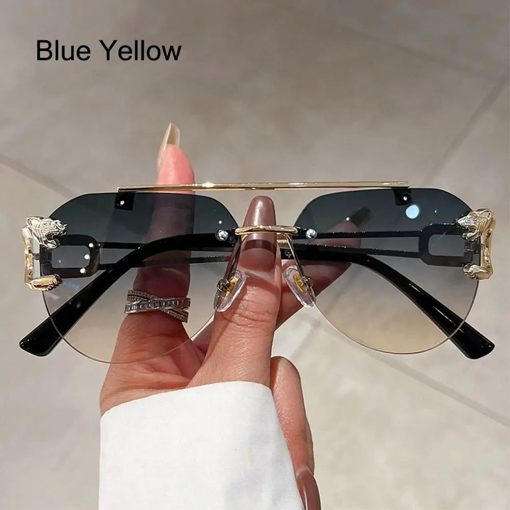 New Rimless Cheetah Decor Sunglasses Gradient UV400 Double Bridge Sun Glasses Shades for Women & Men