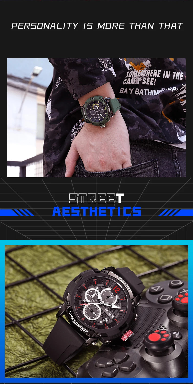 Megir Men's Chronograph Analog Quartz Watch for Men with Date Luminous Hands Orange Silicone Strap Waterproof Wristswatch Male