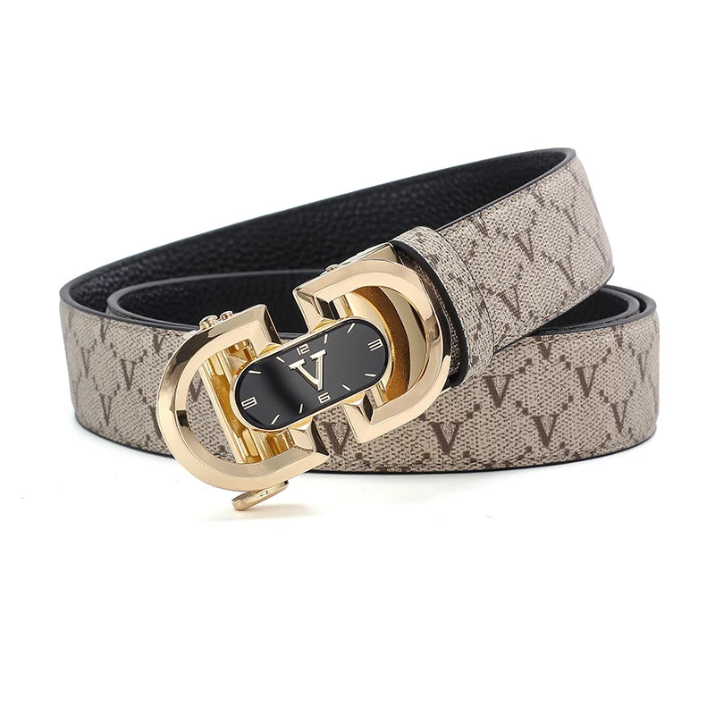 Clock pattern automatic buckle men's belt, fashion letter buckle belt, business casual leather belt, leather suit belt