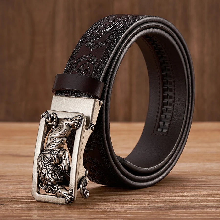 Fashion Tiger Buckle with Tang Grass Pattern Leather Belt for Men Work of Art Belt Automatic Buckle Business Belt