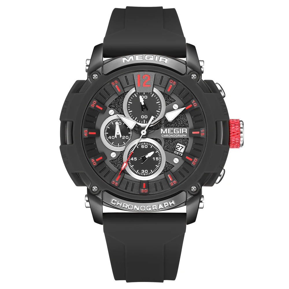 Megir Men's Chronograph Analog Quartz Watch for Men with Date Luminous Hands Orange Silicone Strap Waterproof Wristswatch Male