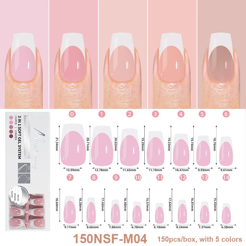 150Pcs/Box Acrylic Press on Nails Full Cover Fake False Tips Soft Gel Extension T-shaped Oval Capsule Almond Sculpted Salon DIY