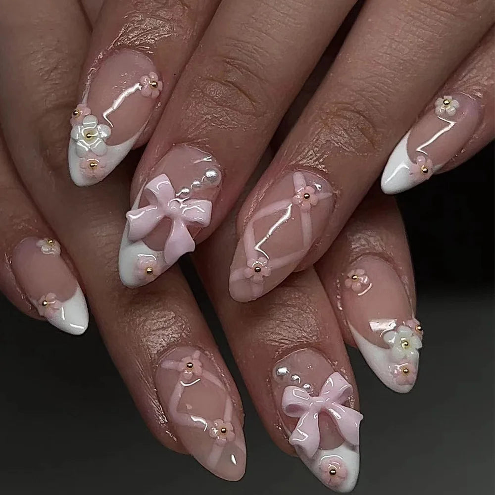 24Pcs/set Bows Press on Nails Short Square Fake Nail White French Tip False Nails with Pink Bow Charms Stick on Nails for Women