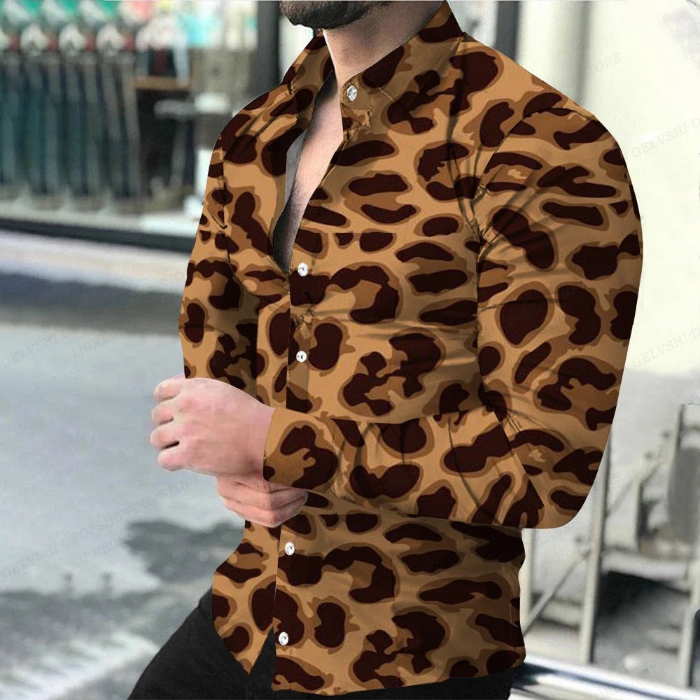 Leopard Hawaii Shirts Men Fashion Shirt Long Sleeve Blouse Lapel Beach Blouse Men Clothing Turn Over Collar Vocation Camisa Teen
