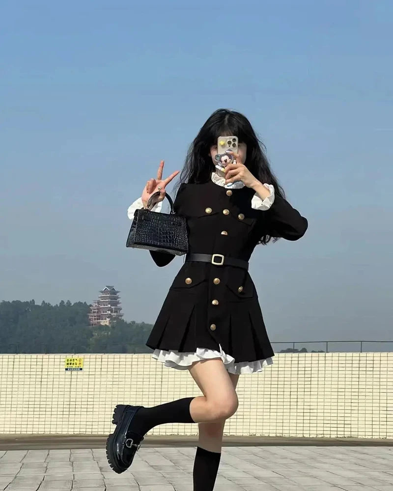 French Fashion Mini Dress Women Small Fragrance Long Sleeve Button Patchwork Suit Dresses Sweet Belt Slim O Neck Chic Vestidos