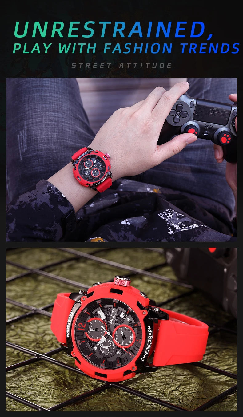 Megir Men's Chronograph Analog Quartz Watch for Men with Date Luminous Hands Orange Silicone Strap Waterproof Wristswatch Male