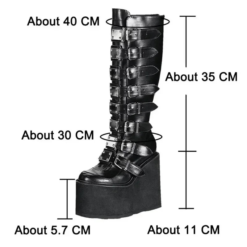 Women Boots Cosplay Ladies High Heel Platform Wedges Women High Boots  Buckle Strap Long Tube Leather Female Boots