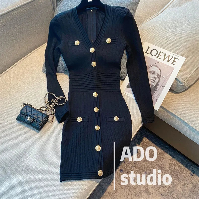 Elegant Long Sleeve Tweed Style Knit Dress Women's Autumn 2023 New V-neck Waist-fitted Slimming Dress Black
