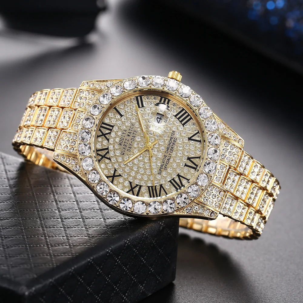 Classic Luxury  Golden Men's Steel Strap Roman Scale Rhinestone Calendar Quartz Watch Fashion Male Wristwatch Relogio Masculino