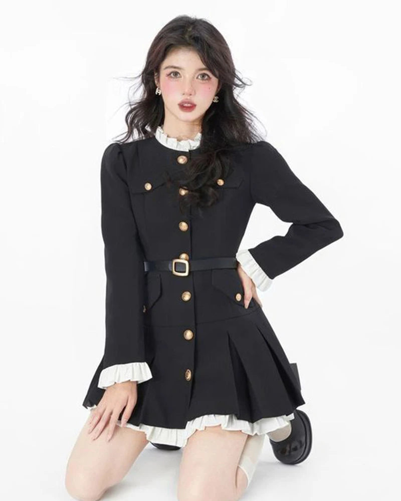 French Fashion Mini Dress Women Small Fragrance Long Sleeve Button Patchwork Suit Dresses Sweet Belt Slim O Neck Chic Vestidos