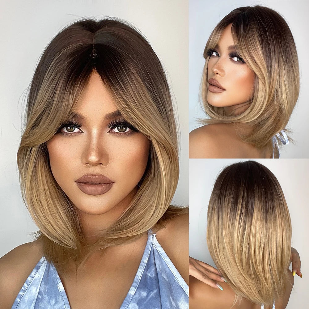 White Blonde Gray Synthetic Wigs with Bangs Short Straight Bob Hair Wig for Women Cosplay Daily Natural Hair Heat Resistant