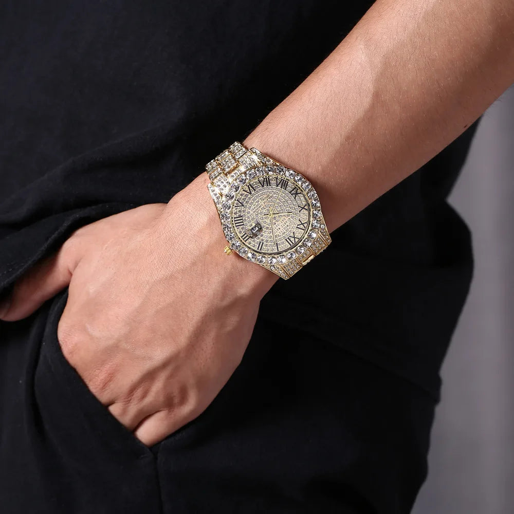 Classic Luxury  Golden Men's Steel Strap Roman Scale Rhinestone Calendar Quartz Watch Fashion Male Wristwatch Relogio Masculino
