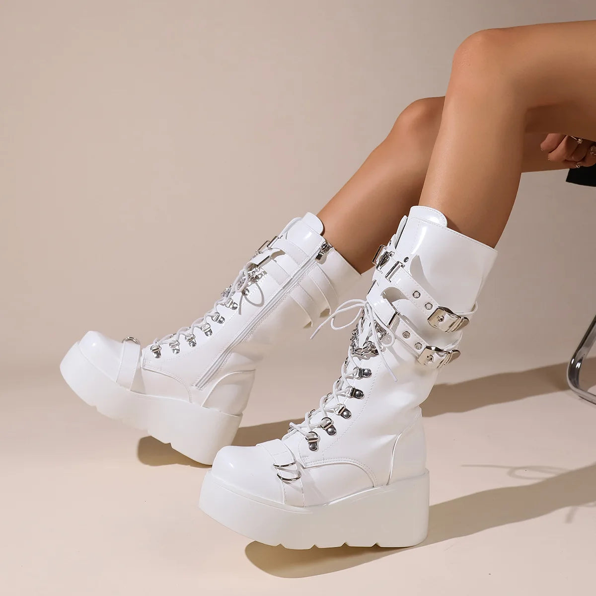 Ladies Platform Boots Fashion Chain Punk Goth Wedges 8cm High Heels Women's Boots Party Street Cosplay Woman Shoes Bota Feminina