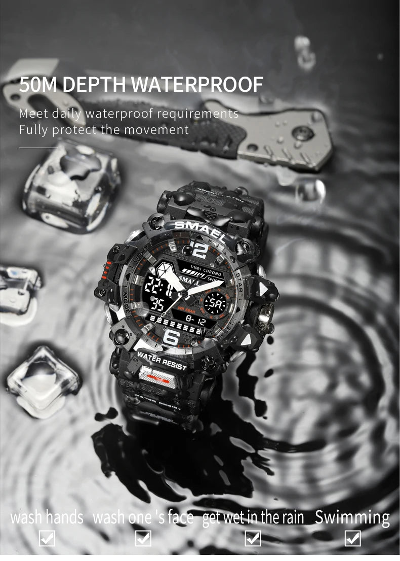 SMAEL Men Watches  50m Waterproof Sports Watch Military Man Sports Watch Digital 8072 Dual Display Watch  Quartz  Led Digital