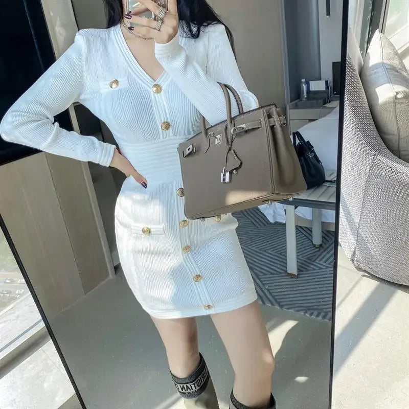 Elegant Long Sleeve Tweed Style Knit Dress Women's Autumn 2023 New V-neck Waist-fitted Slimming Dress Black