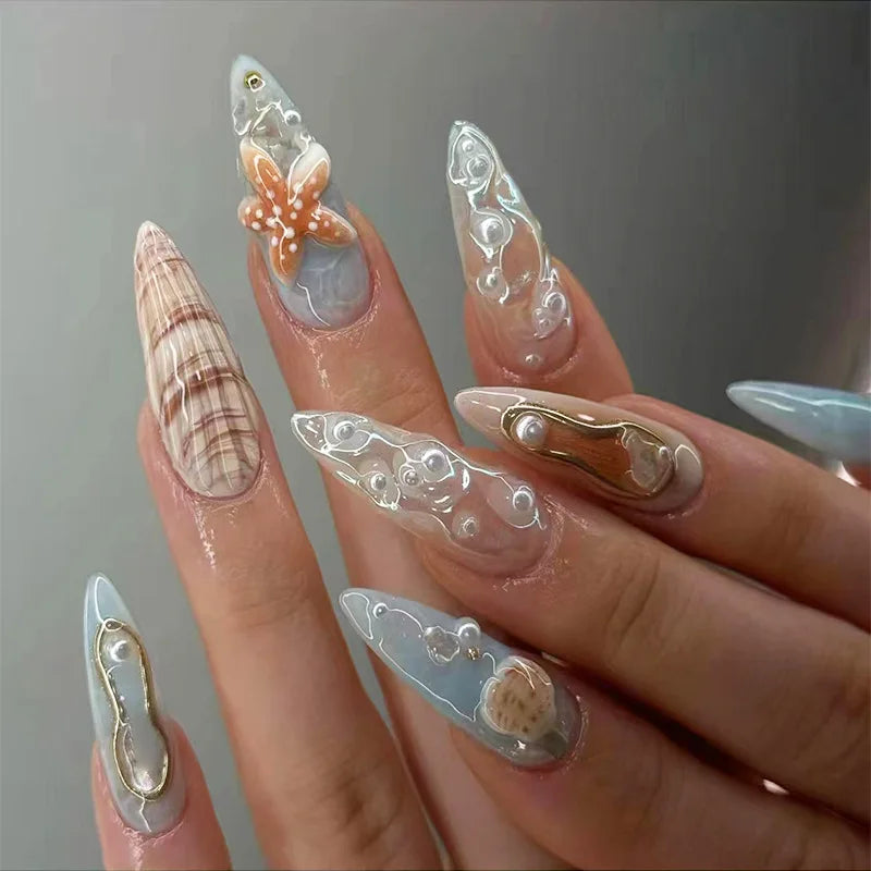24pcs 3D Pink Flower False Nails Sweet French Almond Fake Nail Patch Full Cover Wearable Hand-painted Butterfly Press on Nails