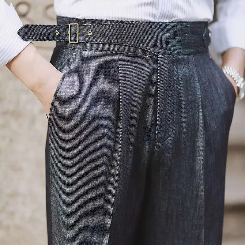 2022 Fashion Mens Dress Pant High Waist Straight Pants Men Spring  Business Versatile Belt Trouser Gentleman Paris Button Pant