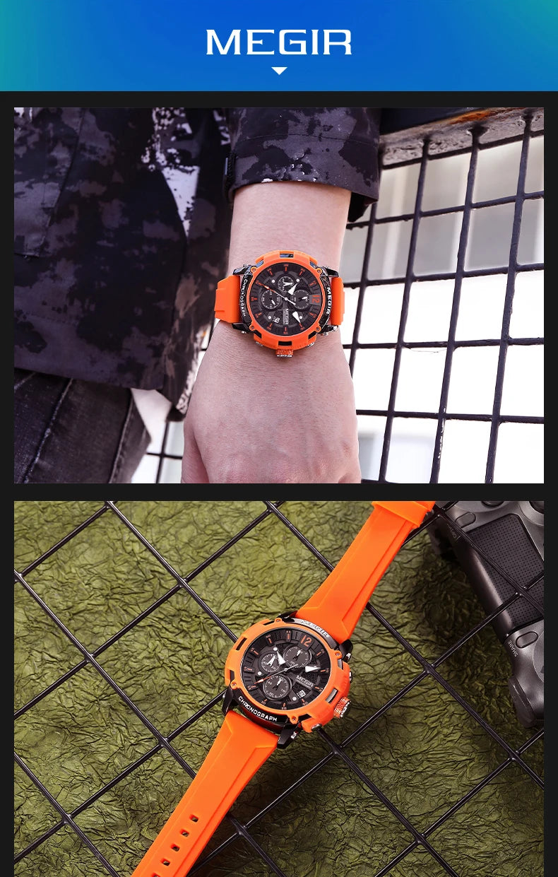 Megir Men's Chronograph Analog Quartz Watch for Men with Date Luminous Hands Orange Silicone Strap Waterproof Wristswatch Male