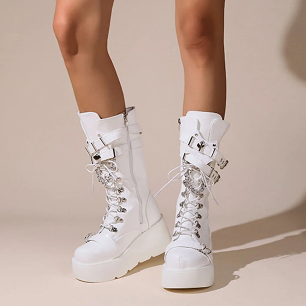 Ladies Platform Boots Fashion Chain Punk Goth Wedges 8cm High Heels Women's Boots Party Street Cosplay Woman Shoes Bota Feminina