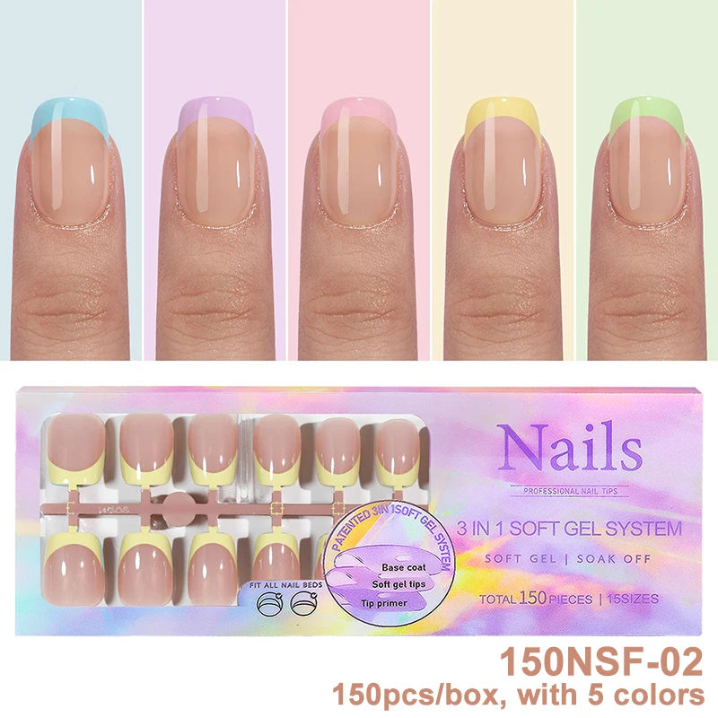 150Pcs/Box Acrylic Press on Nails Full Cover Fake False Tips Soft Gel Extension T-shaped Oval Capsule Almond Sculpted Salon DIY