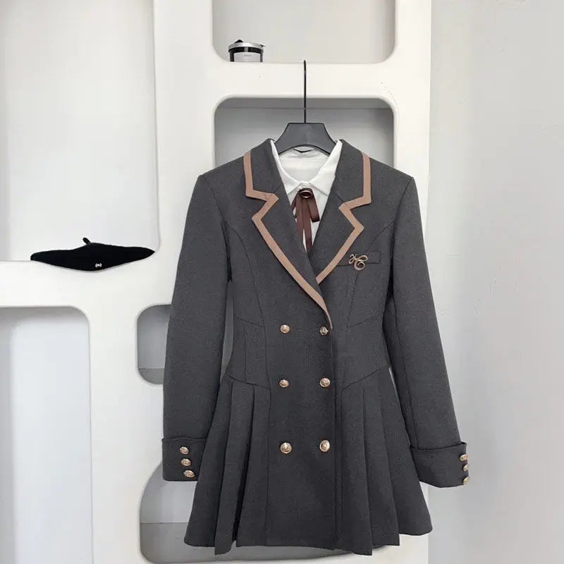 Korean Fashion Woolen Suit Dresses for Women Winter New College Style Sweet Waist up Slim High-end A-line Pleated Mini Dress