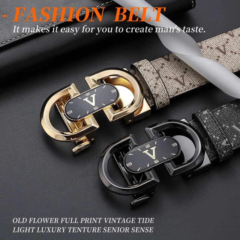 Clock pattern automatic buckle men's belt, fashion letter buckle belt, business casual leather belt, leather suit belt