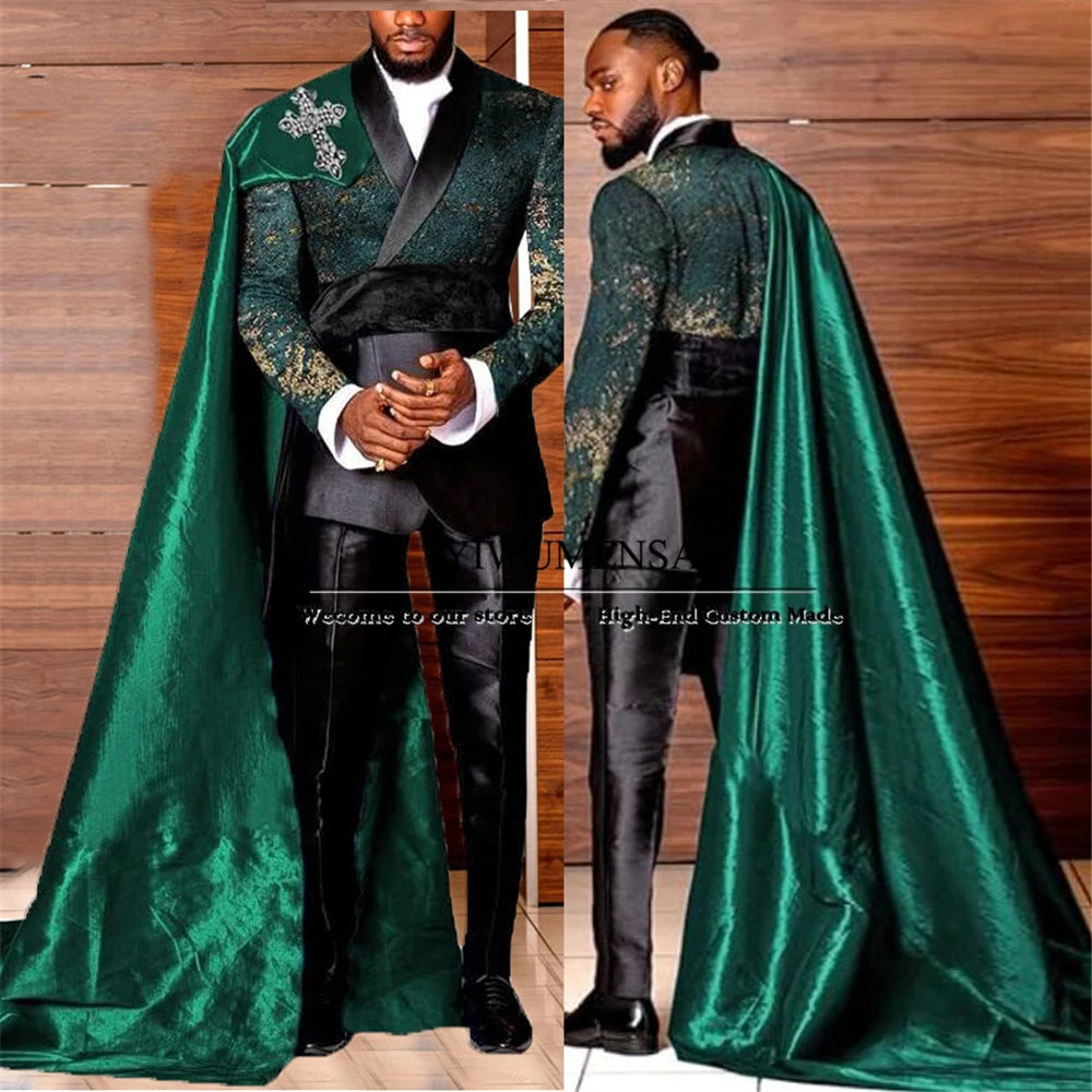 Elegance Suits Men Floral Prom Blazer With Cape Long Customized 2-Piece Set Man Formal Occasion Party Dress Groom Wedding Tuxedo