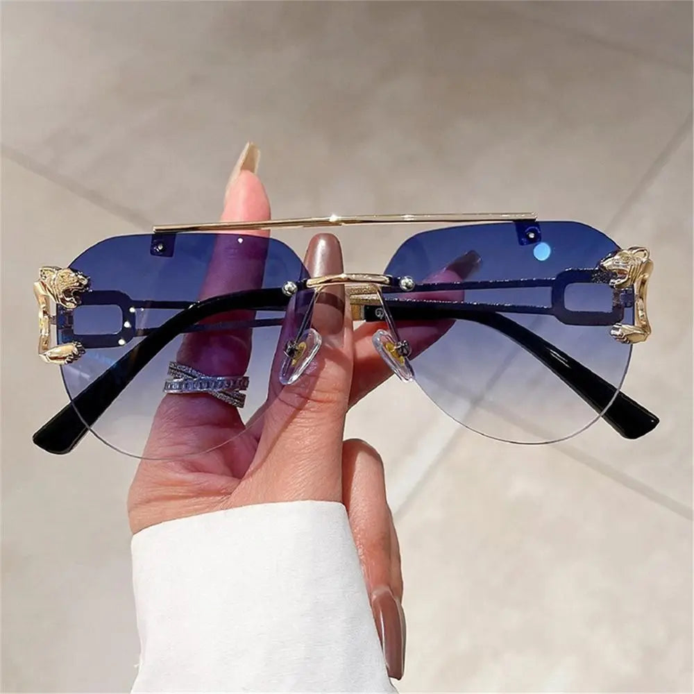 New Rimless Cheetah Decor Sunglasses Gradient UV400 Double Bridge Sun Glasses Shades for Women & Men