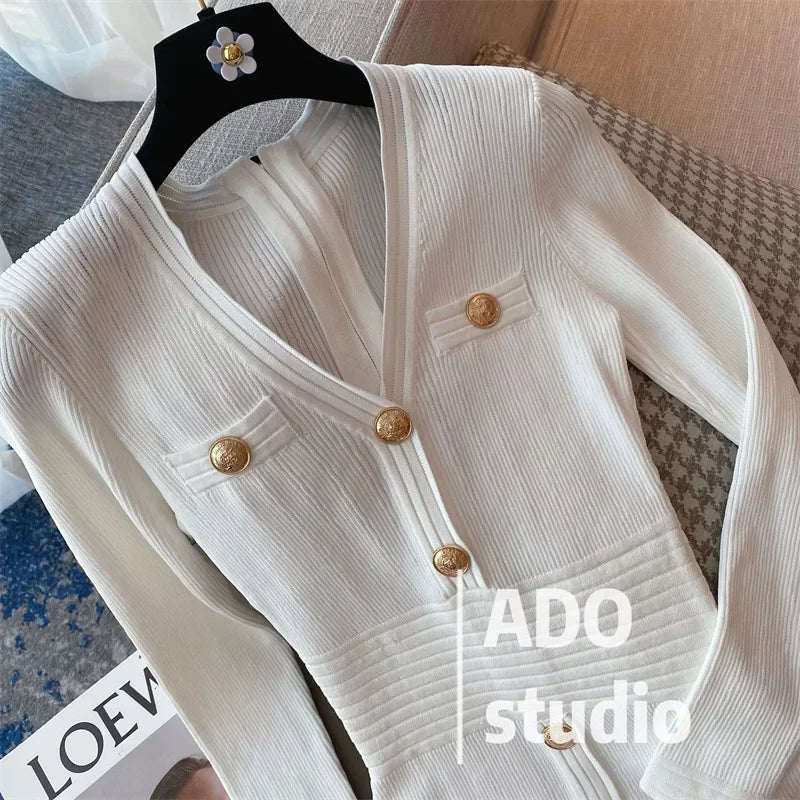 Elegant Long Sleeve Tweed Style Knit Dress Women's Autumn 2023 New V-neck Waist-fitted Slimming Dress Black