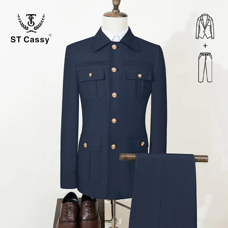 ST Cassy dark green Elegant Men's suit Classic Fit Multi Buckle Multi Pocket  Casual Business Set Men's 2-piece Set