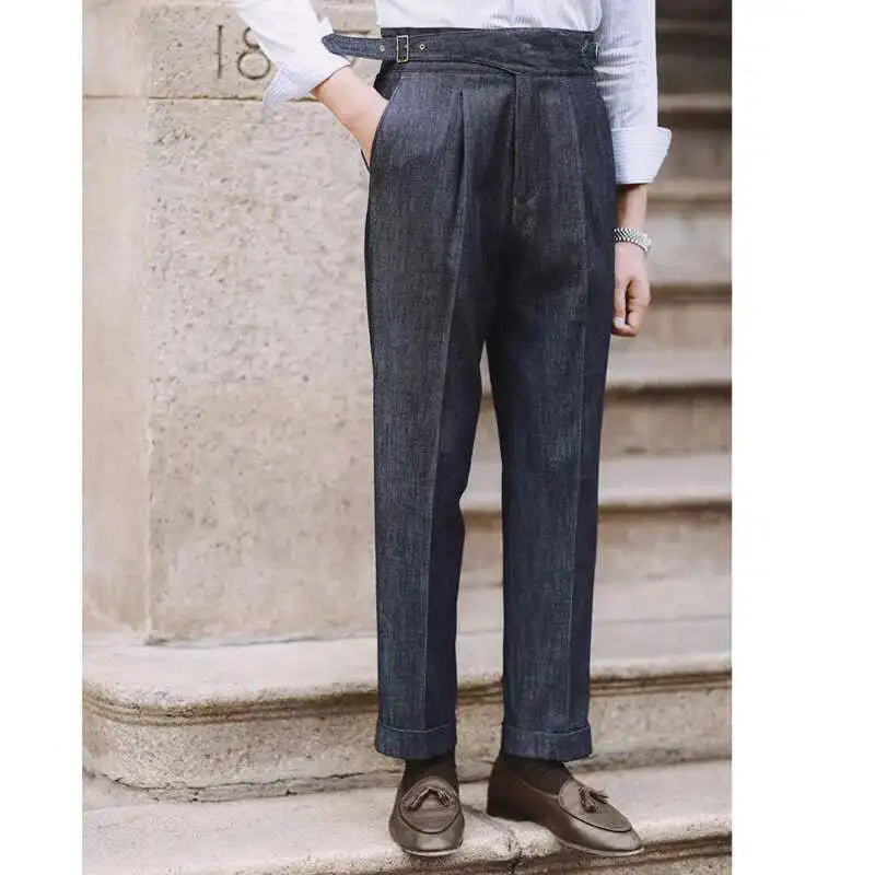 2022 Fashion Mens Dress Pant High Waist Straight Pants Men Spring  Business Versatile Belt Trouser Gentleman Paris Button Pant