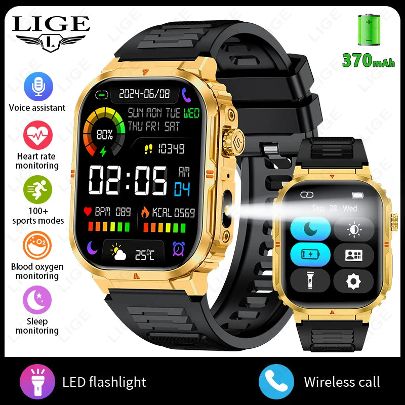 2025 New Professional Sports Smart Watch Men 2.01'' Large Screen Bluetooth Call Watches Flashlight Waterproof Outdoor Smartwatch