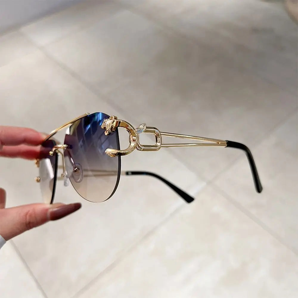 New Rimless Cheetah Decor Sunglasses Gradient UV400 Double Bridge Sun Glasses Shades for Women & Men