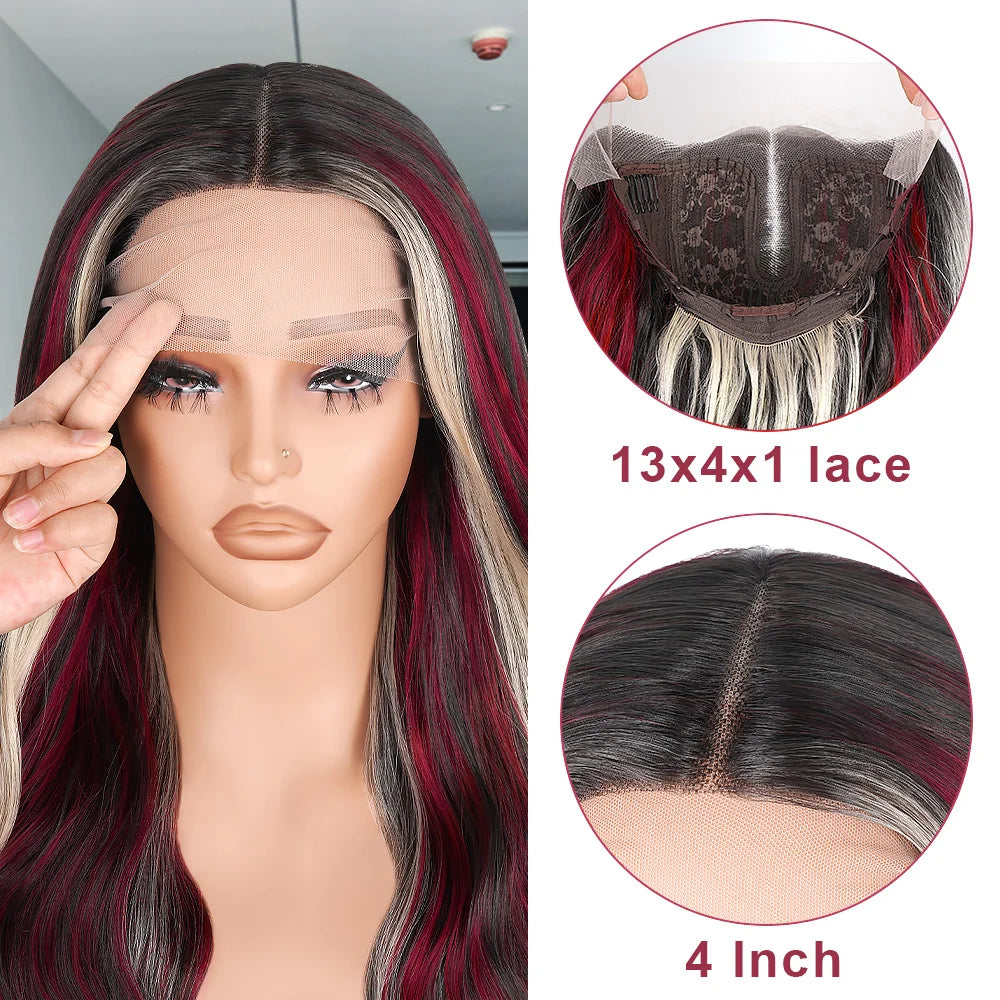 13X6 Lace Front Wig Highlight Black with Red Blonde Wig Synthetic 13x4 Lace Front Wigs Pre Plucked With Hairline Women's Wig