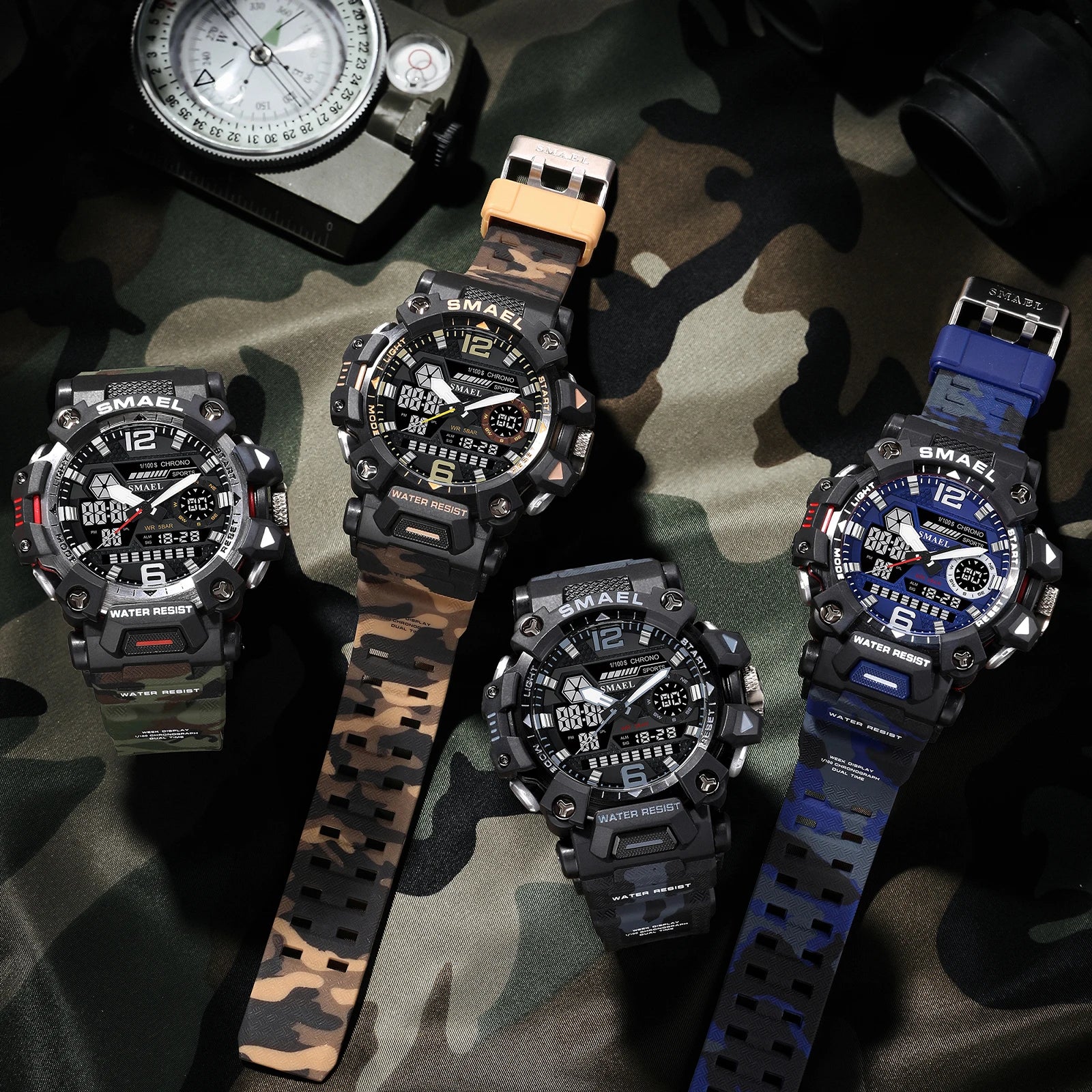 SMAEL New Watches 50m Waterproof Sports Watch Digital 8072 Army Watch Digital Quartz Dual Time Wristwatches LED for Men