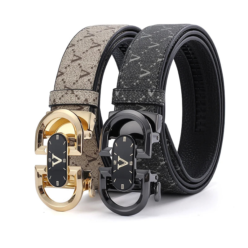 Clock pattern automatic buckle men's belt, fashion letter buckle belt, business casual leather belt, leather suit belt