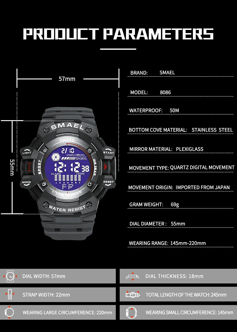 2023 Men Watches Luxury Man Military Watch SMAEL 8050 Waterproof Big Dial Fashion LED Backlight Sport Digital Watch For Men