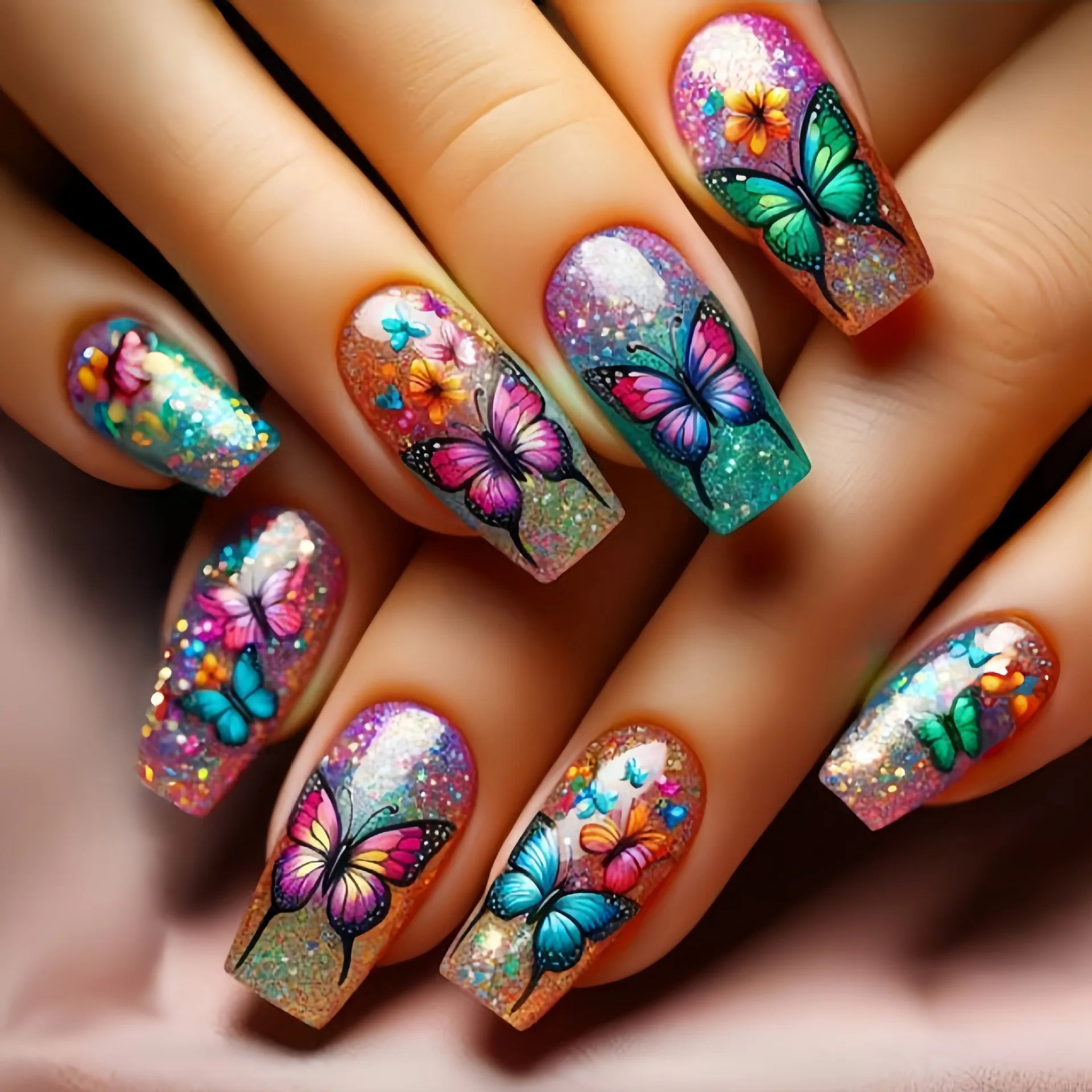 24pcs Blue Gradient Press on Nails Finished Golden Flower Coffin False Nail Tips Long Ballet Fake Nail with Pearl Design Nails