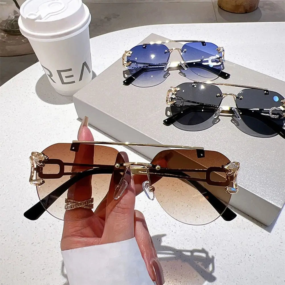 New Rimless Cheetah Decor Sunglasses Gradient UV400 Double Bridge Sun Glasses Shades for Women & Men