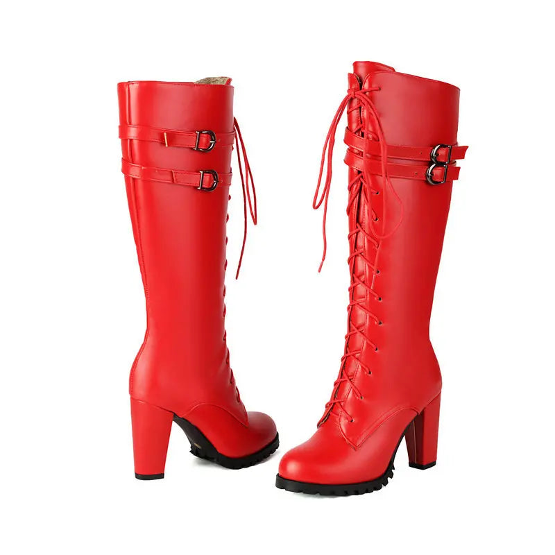 2025 Knight Boots Autumn Winter Women Shoes Tall Boots Round Toe Platform Coarse Heel Knee Length Boots Lace Up Lady Long Boots