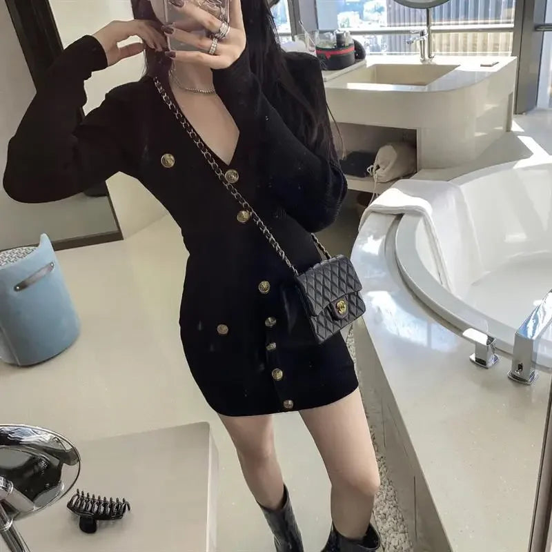 Elegant Long Sleeve Tweed Style Knit Dress Women's Autumn 2023 New V-neck Waist-fitted Slimming Dress Black