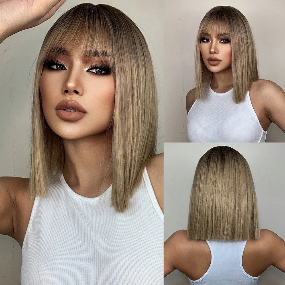 White Blonde Gray Synthetic Wigs with Bangs Short Straight Bob Hair Wig for Women Cosplay Daily Natural Hair Heat Resistant