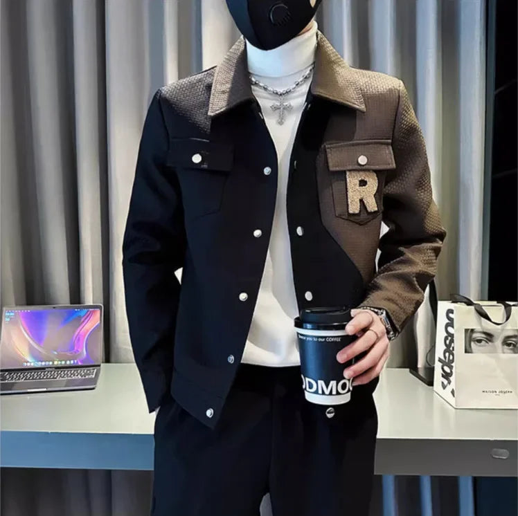 2024 New Spring and Autumn Color Contrast Trendy Slim Fit Coat for Men's Fashion Flip Collar Casual Jacket