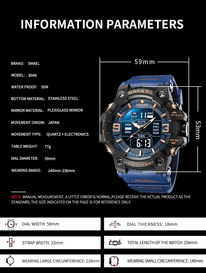 SMAEL 8049 Watch Sport LED Light Alarm Clock Dual Time Display WaterproofWeek Auto Date Wristwatches Quartz