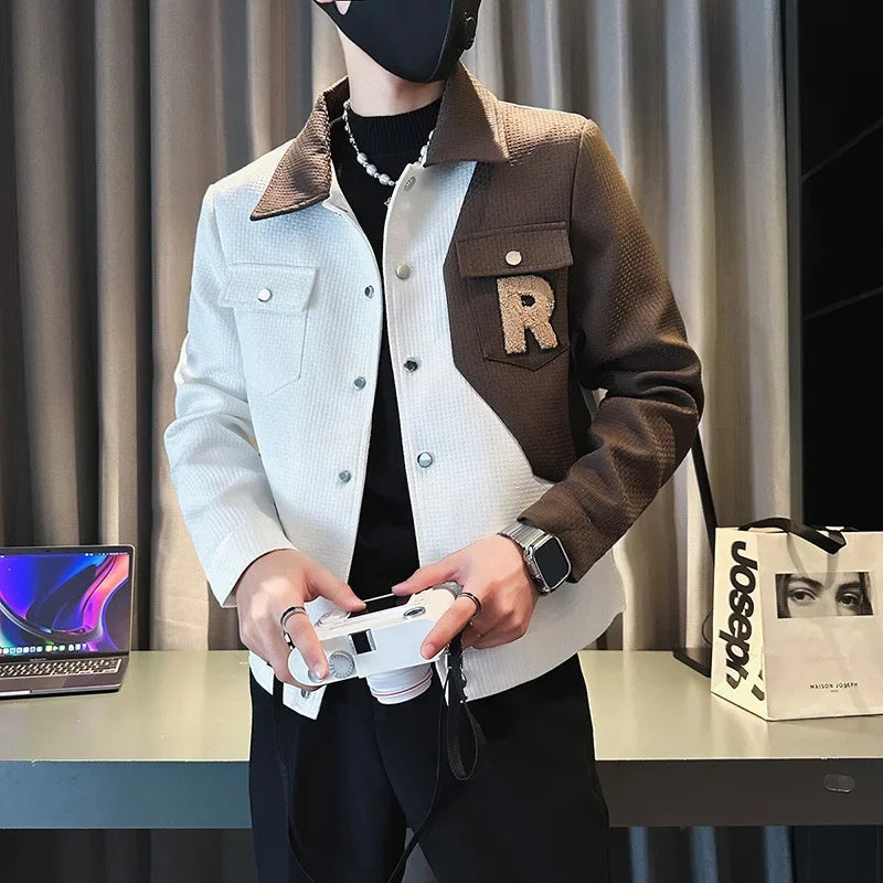2024 New Spring and Autumn Color Contrast Trendy Slim Fit Coat for Men's Fashion Flip Collar Casual Jacket